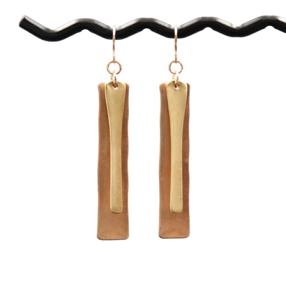 Modern Copper & Gold Bar Earrings | Drop Earrings - Picture 4 of 4